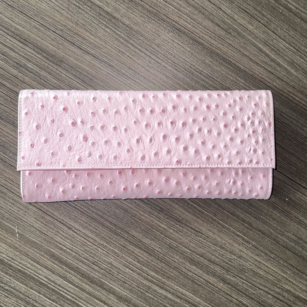 Kemestry light pink ostrich clutch with silver chain made in USA